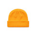 A vibrant yellow knitted beanie with a cuffed design and a textured pattern. It features a logo. A vibrant yellow knitted beanie with a cuffed design and a textured pattern. It features a logo.