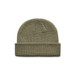 An olive green knitted beanie with a folded cuff and a textured design, featuring a small logo.