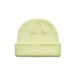 A pale yellow beanie featuring a fold-up brim and a textured knit pattern. It has a logo on the side. A pale yellow beanie featuring a fold-up brim and a textured knit pattern. It has a logo on the side.