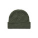 A green knitted beanie with a fold-up brim, featuring a logo on the side.