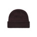 A brown knitted beanie with a turned-up cuff and a logo on the side.