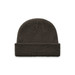A dark brown beanie with a textured knit design and a folded cuff. It features a logo on the side.