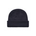 A navy knitted beanie with a fold-up cuff, featuring a branding logo.