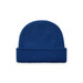 A blue cable knit beanie with a fold-over brim, featuring a branding logo.