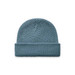 A blue beanie with a textured knit design and a folded brim. It features a logo on the side.