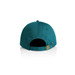 A teal cap featuring a strap and buckle at the back, with a logo present. A teal cap featuring a strap and buckle at the back, with a logo present.