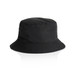 A black nylon bucket hat featuring a wide brim and a simple design. It has a logo on the side. A black nylon bucket hat featuring a wide brim and a simple design. It has a logo on the side.