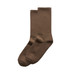 A pair of dark brown socks, featuring a simple design and a consistent texture. The image includes a logo on one sock.
