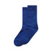 A pair of blue socks featuring a ribbed design and a logo on one side.