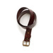 A brown leather belt with a brass buckle, neatly coiled on a white background. A brown leather belt with a brass buckle, neatly coiled on a white background.
