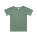 A green organic cotton infant t-shirt featuring a crew neck and snap buttons on the shoulder. A green organic cotton infant t-shirt featuring a crew neck and snap buttons on the shoulder.