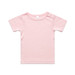 A pink organic infant T-shirt featuring a round neckline and snap button details on the shoulder. A pink organic infant T-shirt featuring a round neckline and snap button details on the shoulder.