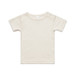 A light beige organic infant t-shirt with short sleeves and shoulder snaps, featuring a simple design. A light beige organic infant t-shirt with short sleeves and shoulder snaps, featuring a simple design.
