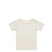 A light cream organic infant t-shirt featuring short sleeves and a snap closure at the shoulder, with a logo. A light cream organic infant t-shirt featuring short sleeves and a snap closure at the shoulder, with a logo.