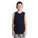 A youth tank top in navy blue, featuring no sleeves and a simple design. It includes a logo on the front. A youth tank top in navy blue, featuring no sleeves and a simple design. It includes a logo on the front.