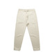 Cream-coloured track pants with an elastic waistband and side pockets, featuring a logo.