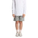 Grey sports shorts for kids, paired with a long white top and light-coloured shoes, featuring a logo. Grey sports shorts for kids, paired with a long white top and light-coloured shoes, featuring a logo.