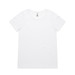 A white t-shirt with a round neckline and short sleeves. It features a logo on the tag.
