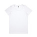 A white women's T-shirt with a round neckline and short sleeves. It features a small logo at the neck. A white women's T-shirt with a round neckline and short sleeves. It features a small logo at the neck.