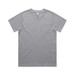 A plain grey T-shirt with short sleeves, featuring a tag inside the neckline and a logo on the hem. A plain grey T-shirt with short sleeves, featuring a tag inside the neckline and a logo on the hem.
