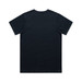 A black t-shirt featuring a simple design and a logo on the back.