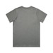 A grey T-shirt with a plain back, featuring a branding logo on the back neckline.