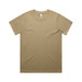 A plain khaki T-shirt featuring a crew neck and short sleeves, with a logo on the label.