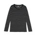 A long-sleeve tee in black and white stripes with a round neckline and a logo. A long-sleeve tee in black and white stripes with a round neckline and a logo.