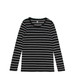 A black and white striped long sleeve t-shirt with a round neckline and a logo on the label. A black and white striped long sleeve t-shirt with a round neckline and a logo on the label.