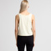 A back view of a cream-coloured crop singlet on a model, paired with black pants. It features a logo on the garment. A back view of a cream-coloured crop singlet on a model, paired with black pants. It features a logo on the garment.