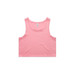 A pink crop singlet featuring a simple design and a tag label. The garment has no visible logos or branding. A pink crop singlet featuring a simple design and a tag label. The garment has no visible logos or branding.