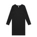 A long-sleeved organic dress in solid black with a round neckline and no visible embellishments. A long-sleeved organic dress in solid black with a round neckline and no visible embellishments.