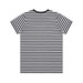 A black and white striped t-shirt with short sleeves and a crew neckline, featuring a logo on the back.