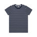 A navy blue and white striped T-shirt with short sleeves and a round neckline, featuring a logo.