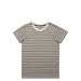 A striped t-shirt featuring brown and white horizontal stripes. The shirt has a crew neckline and includes a logo.