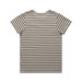 A striped t-shirt featuring a pattern of brown and white horizontal stripes, with a crew neck design and short sleeves.