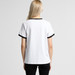 A white T-shirt with black collar and sleeve accents, shown from the back, featuring a logo. A white T-shirt with black collar and sleeve accents, shown from the back, featuring a logo.