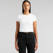 A white crop t-shirt displayed on a model wearing black jeans. The shirt features a simple design and has a logo.