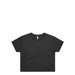A black cropped t-shirt with short sleeves and a rounded neckline. It features a label inside.