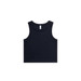 A navy ribbed crop tank top with wide armholes and a straight hem. The tank features a logo on the label. A navy ribbed crop tank top with wide armholes and a straight hem. The tank features a logo on the label.