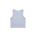 A light blue ribbed crop tank top with a sleeveless design and a logo on the back. A light blue ribbed crop tank top with a sleeveless design and a logo on the back.