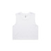 A white crop tank top with a round neckline and no sleeves, featuring a small logo.