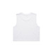A white crop tank top with a sleeveless design and a plain back. The product features a logo. A white crop tank top with a sleeveless design and a plain back. The product features a logo.
