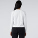 A white long-sleeve tee displayed from the back, featuring a logo on the neckline.