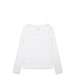 A long-sleeve white tee with a scoop neckline and a small logo on the back. A long-sleeve white tee with a scoop neckline and a small logo on the back.