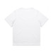 A plain white t-shirt with short sleeves, featuring a logo on the back.