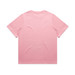 A plain pink T-shirt with a round neck and short sleeves. It features a logo on the back.