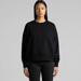 A black crew sweater with a relaxed fit and long sleeves, featuring a branding logo. A black crew sweater with a relaxed fit and long sleeves, featuring a branding logo.
