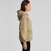 A khaki hoodie with a front pocket and a large hood, featuring a logo on the front. A khaki hoodie with a front pocket and a large hood, featuring a logo on the front.