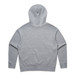 A grey hoodie featuring a back view with a kangaroo pocket and a hood. It has branding details.